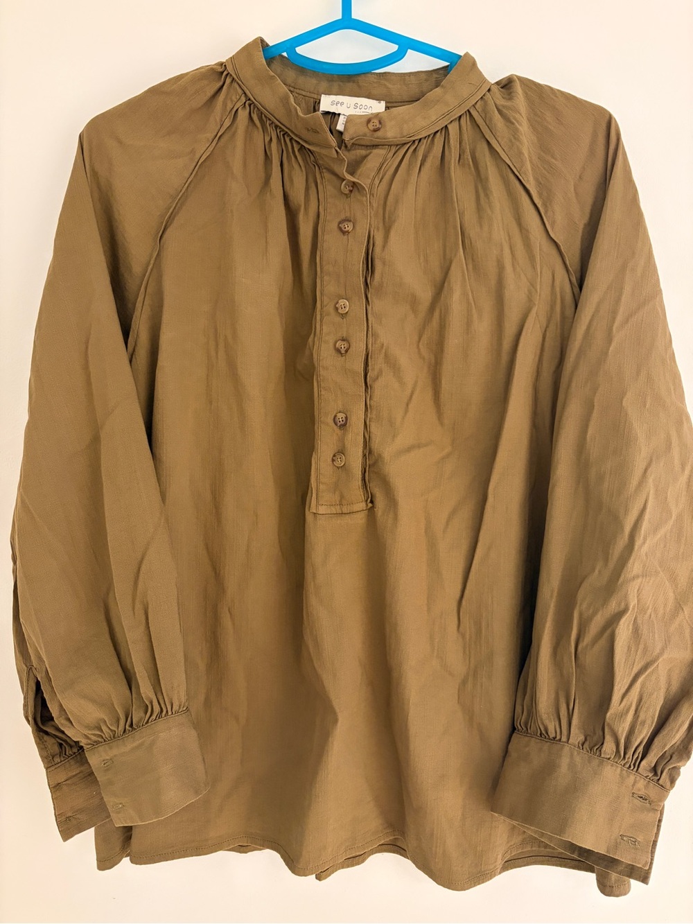 Soft Cotton Button-Front Peasant Blouse in Olive Brown